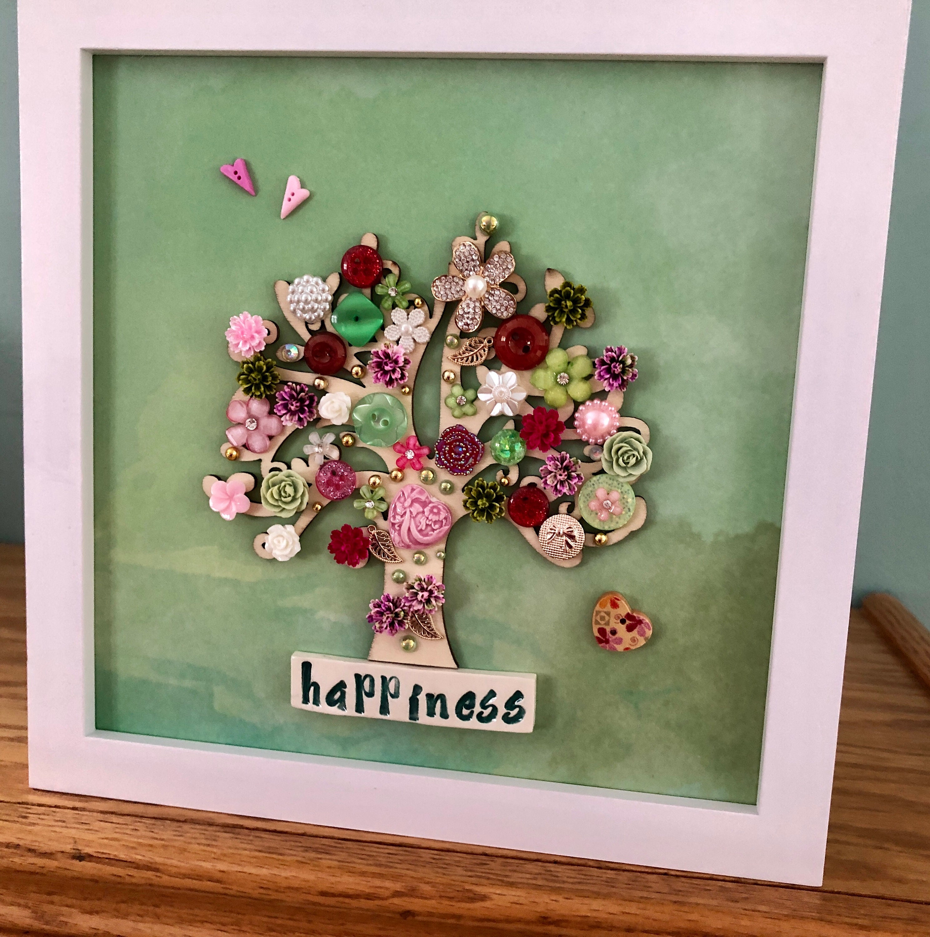 Button Mosaic Tree of Life, Pink Green Rhinestone Art - Etsy