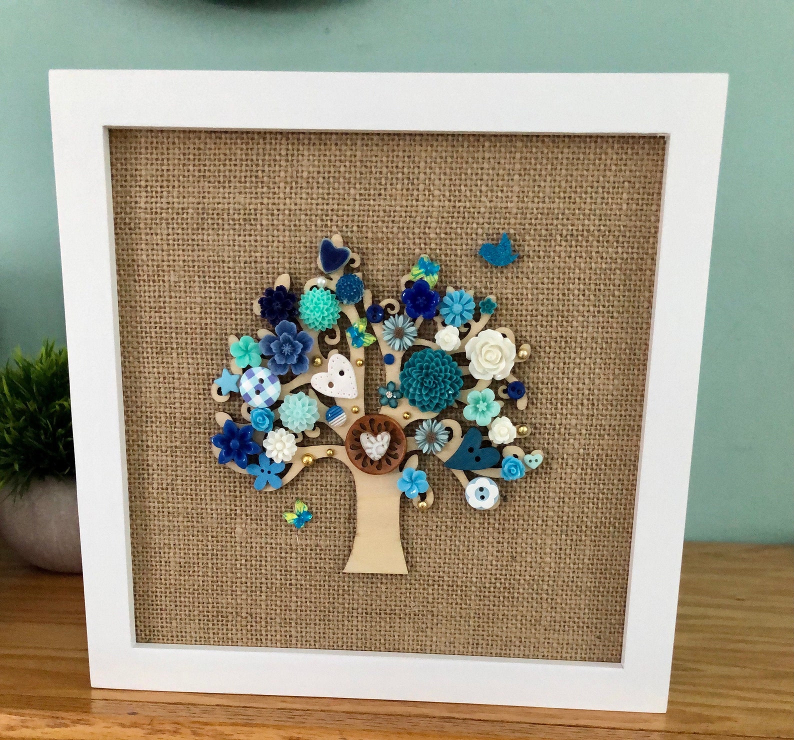 Blue Tree of Life Framed Art Button Art in Shades of Blue Etsy