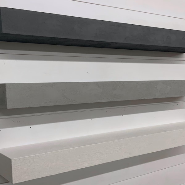 Lime plaster floating fireplace mantel