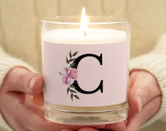Vela de frasco de vidrio de monograma floral personalizado para la conciencia del cáncer de mama- regalo para ella- decoración rosa