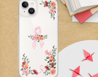 Autumn Floral and Breast Cancer Ribbon Clear iPhone Case for iPhone 11, 12, 13, & 14- Breast Cancer Awareness gift for her