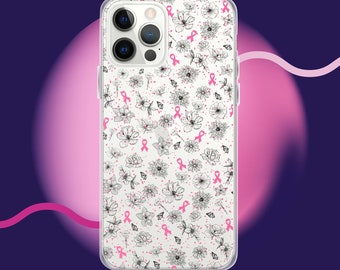 Breast Cancer Ribbon, Floral, and Butterfly Clear iPhone Case for iPhone X, 11, 12, 13, & 14- Breast Cancer Awareness gift for her