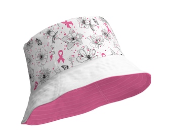 Breast Cancer Reversible Bucket Hat for Women- gifts for her- floral, butterflies, and breast cancer ribbon- pink and white
