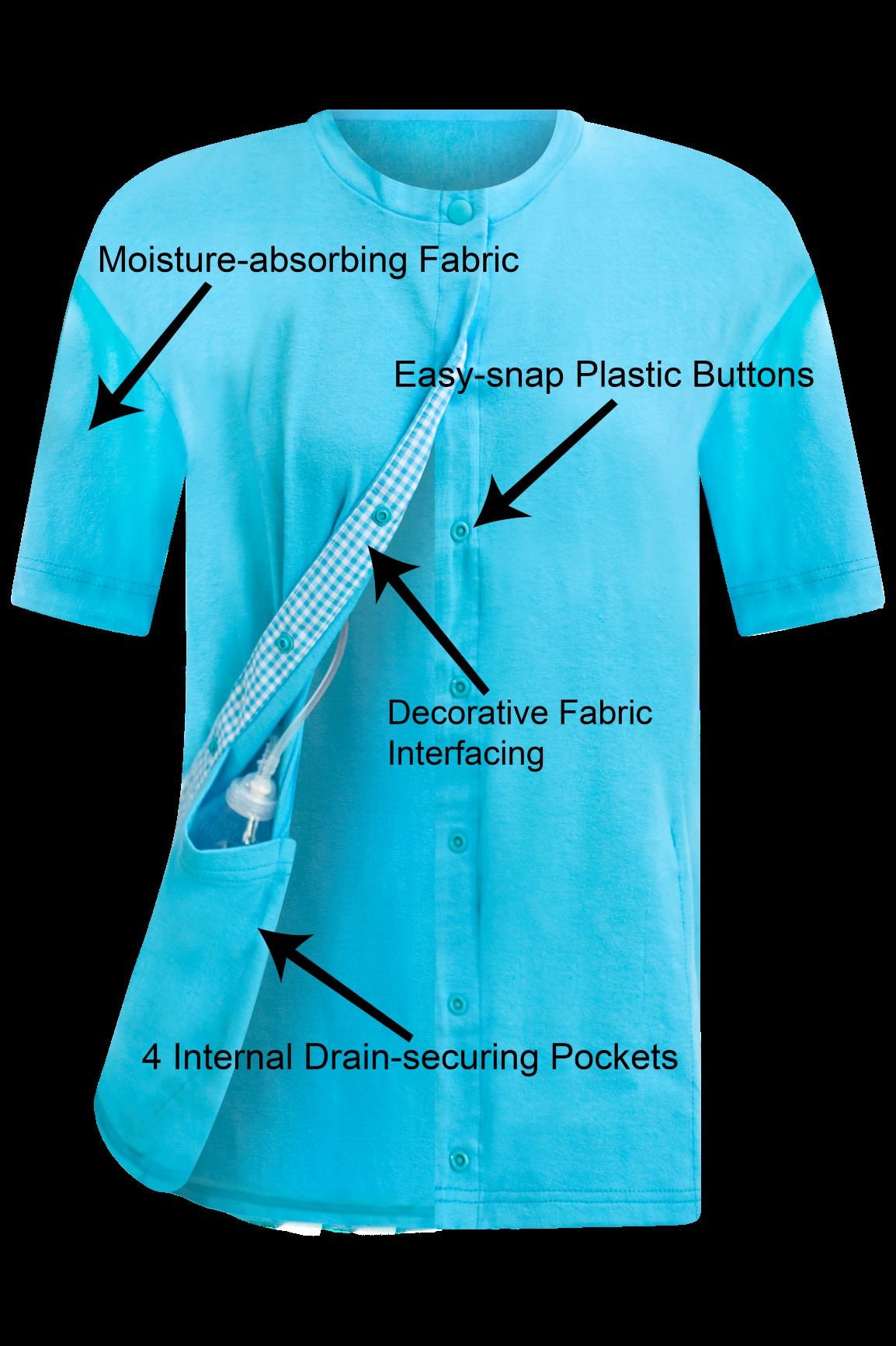 Aqua Breast Cancer Mastectomy Shirt W/drain Pockets, Mastectomy Drain