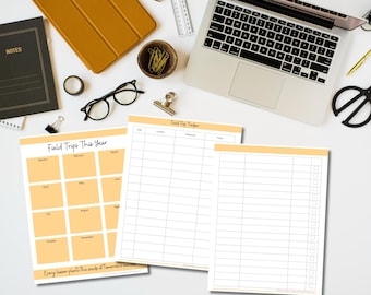 May include: Printable field trip tracker with a calendar grid for planning trips throughout the year and a separate sheet for recording trip details. The text "Field Trips This Year" and "Every lesson plants the seeds of tomorrow's success" is included.