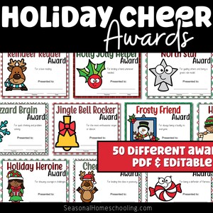 May include: A collection of printable holiday awards with festive illustrations. The awards feature various designs, including a reindeer, snowflake, and snowman, with text such as "Holiday Cheer Awards" and "50 Different Awards PDF & Editable."