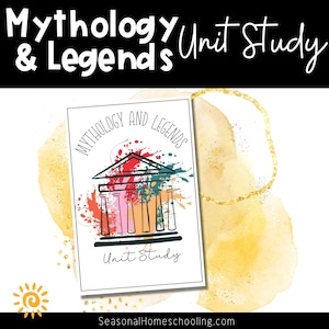 Può includere: Un biglietto bianco con il testo "Mythology and Legends Unit Study" in nero. Il biglietto presenta un'illustrazione colorata di un edificio con colonne e un tetto rosso. L'edificio è circondato da schizzi di vernice colorata.