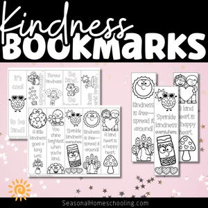 Puede incluir: Marcadores de página imprimibles en blanco y negro con ilustraciones de un sol, un corazón, una ardilla y una dona. Los marcadores de página presentan mensajes positivos sobre la amabilidad.