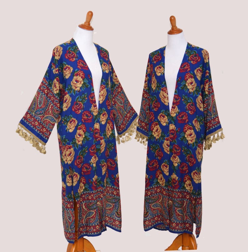 tassel trim robe Roses kimono women long kimono wedding kimono tassel cardigan Floral midi robe bridesmaid robes classic flowers robe