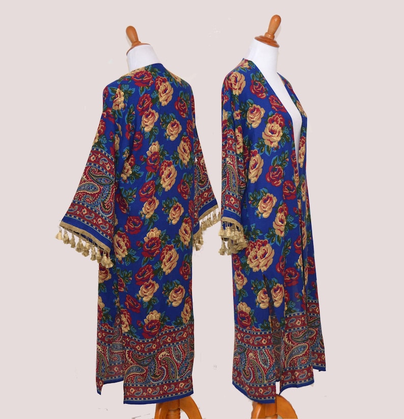 tassel trim robe Roses kimono women long kimono wedding kimono tassel cardigan Floral midi robe bridesmaid robes classic flowers robe