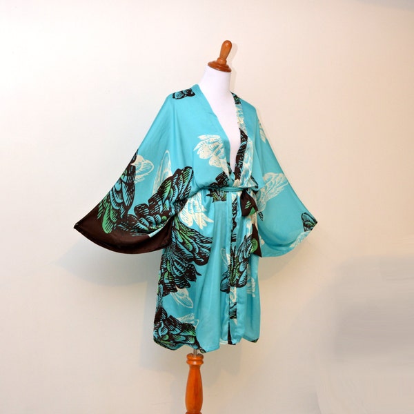 Bridal satin kimono, floral cardigan, blue bride robe, classic lady wears, bridesmaid kimono, women satin robe, blue kimono robe, blue robes