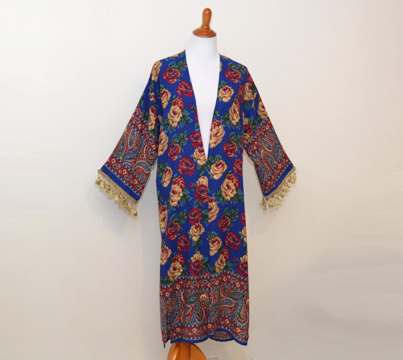 tassel trim robe Roses kimono women long kimono wedding kimono tassel cardigan Floral midi robe bridesmaid robes classic flowers robe