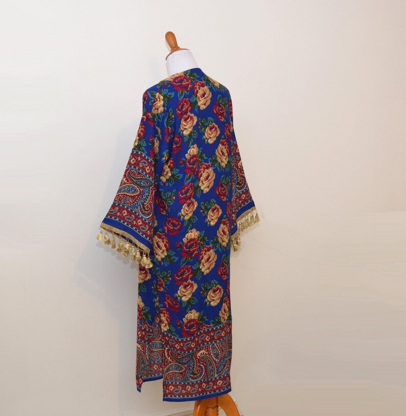 tassel trim robe Roses kimono women long kimono wedding kimono tassel cardigan Floral midi robe bridesmaid robes classic flowers robe