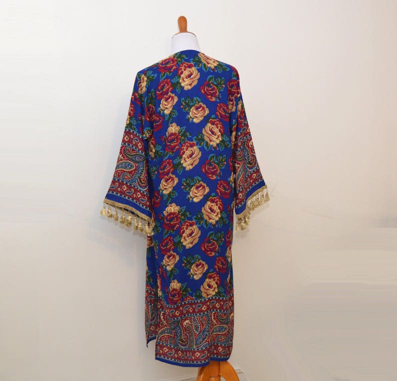 tassel trim robe Roses kimono women long kimono wedding kimono tassel cardigan Floral midi robe bridesmaid robes classic flowers robe