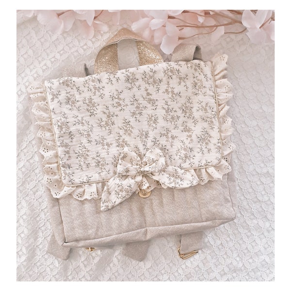 Cartable maternelle fleuri beige et pailleté