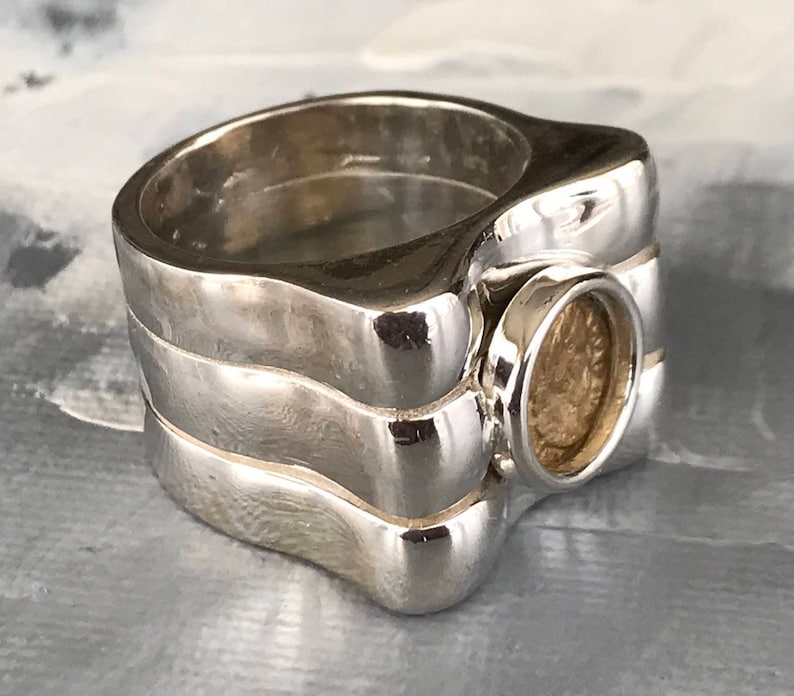 women ring. Gift for her Sterling Silver 925 Ring and a coin accent in 14K solid gold