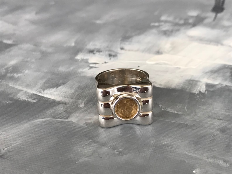 women ring. Gift for her Sterling Silver 925 Ring and a coin accent in 14K solid gold