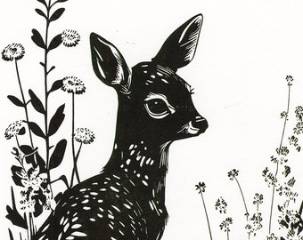 Wildlife Art Fawn - Black & White Art - A3 Risograph Print