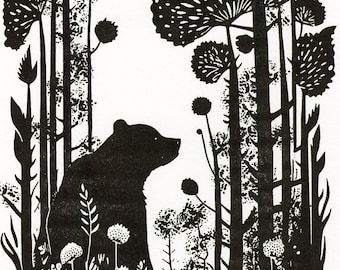 Wildlife Art Black Bear - Black & White Art - A3 Risograph Print