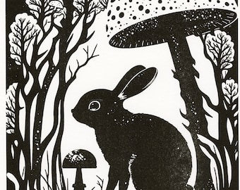 Wildlife Art Rabbit Hare - Black & White Art - A3 Risograph Print