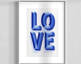 Valentine Gift for Her LOVE (Cornflower Blue/Royal Blue)  - A3 Risograph Print