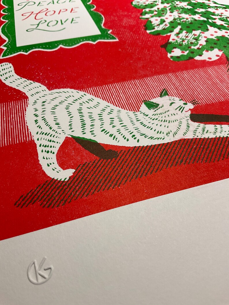 Christmas Cat Joy, Peace, Hope, Love A3 Risograph Print image 1