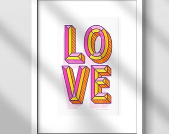 Valentine Gift LOVE (Fluorescent Pink/Yellow/Lavender)  - A3 Risograph Print