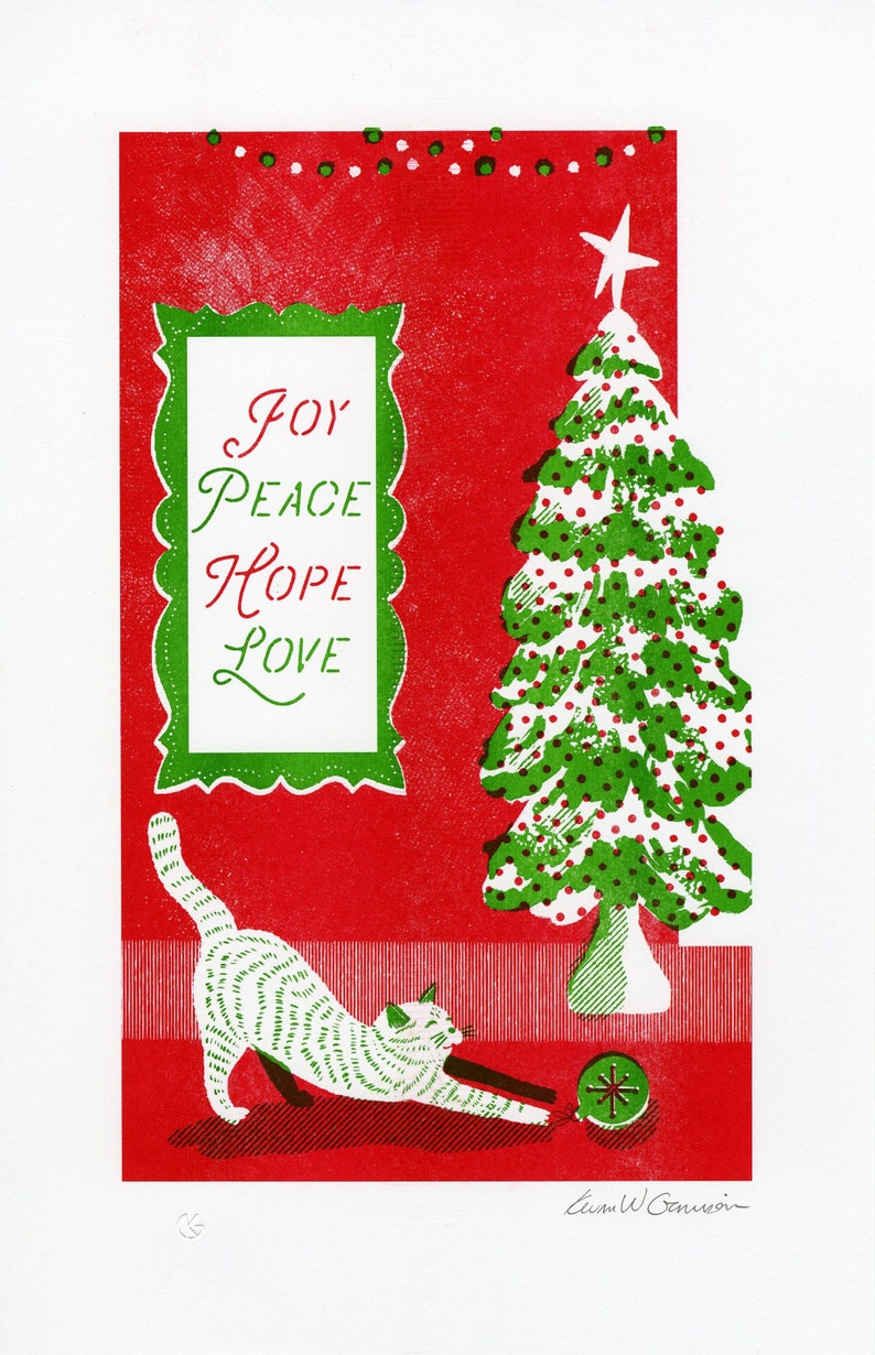 Christmas Cat Joy, Peace, Hope, Love A3 Risograph Print image 3