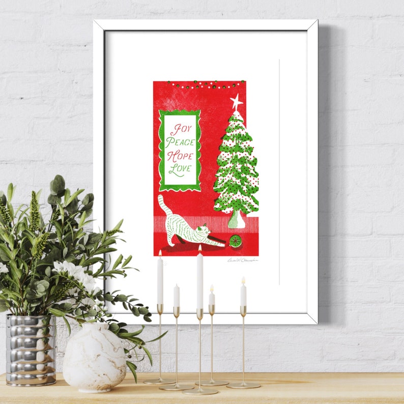 Christmas Cat Joy, Peace, Hope, Love A3 Risograph Print image 2