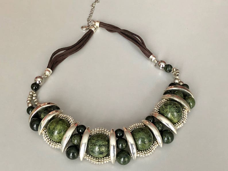 Green Serpentine Jasper Bib Massive Necklace Artisan Large Etsy