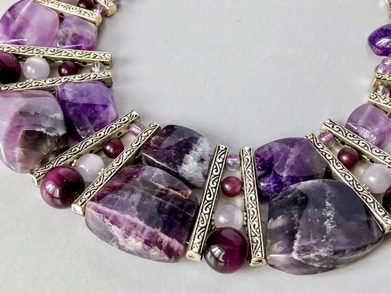 Purple necklace and bracelet with natural stones amethyst and quartz Necklace with a large stone as a gift for her Bracelet massive