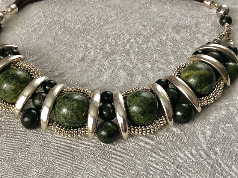 Green Serpentine Jasper Bib Massive Necklace Artisan Large Etsy
