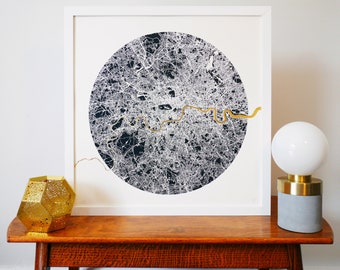 Golden Thames Circular Screen Print | Charcoal | London Map | Wall Art | Unique Gift | First Home | Gold Leaf Art | City Print