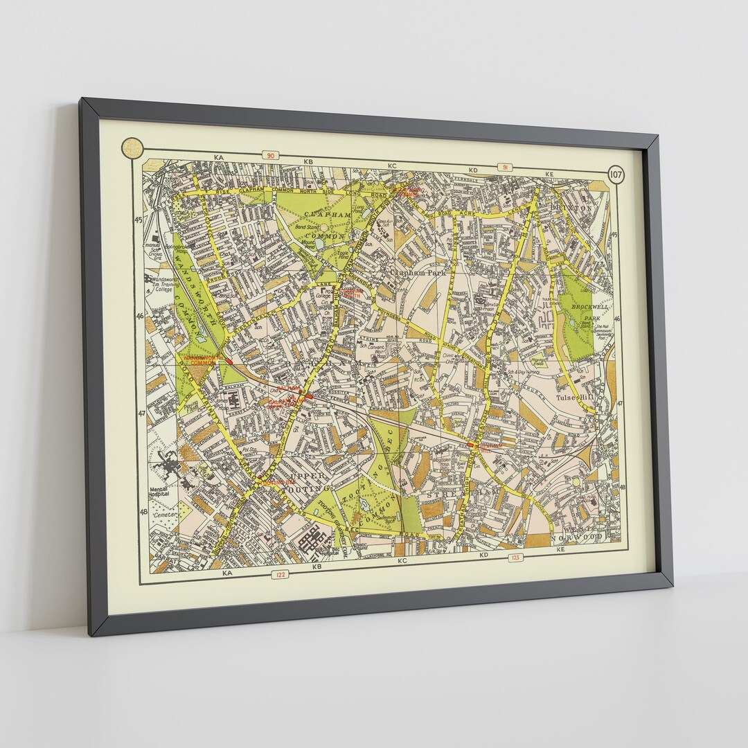 Clapham Balham Tooting Streatham Vintage Map Screen Print, Gold Leaf ...