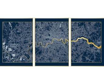 London Triptych Map Screen Prints | Navy & Gold | Gold Leaf | Unique Wall Art | New Home | City Map | City Prints