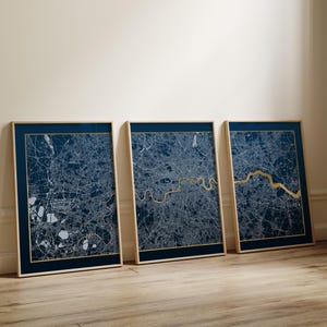 London Map Triptych – Metallic Leaf Print Set in Gold, Copper or Silver – Minimalist City Wall Art