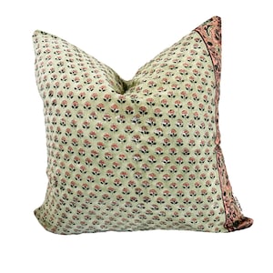 Green and pink floral block print pillow