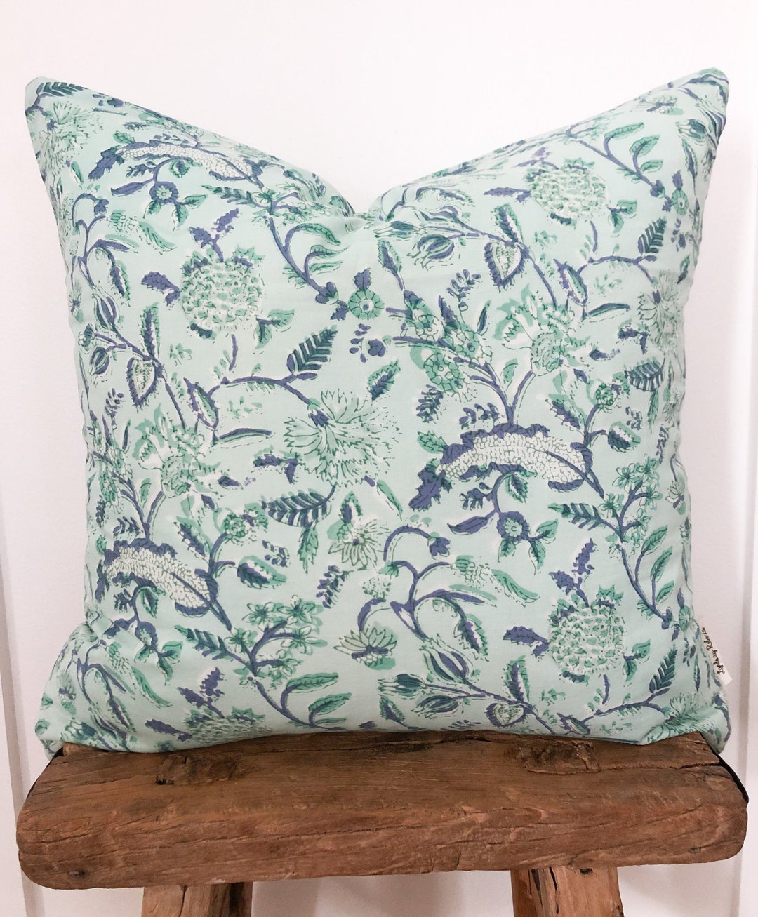 Light Blue Green Floral Block Print Pillow Etsy