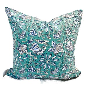 Green and Blue floral Block print pillow 20&quot;