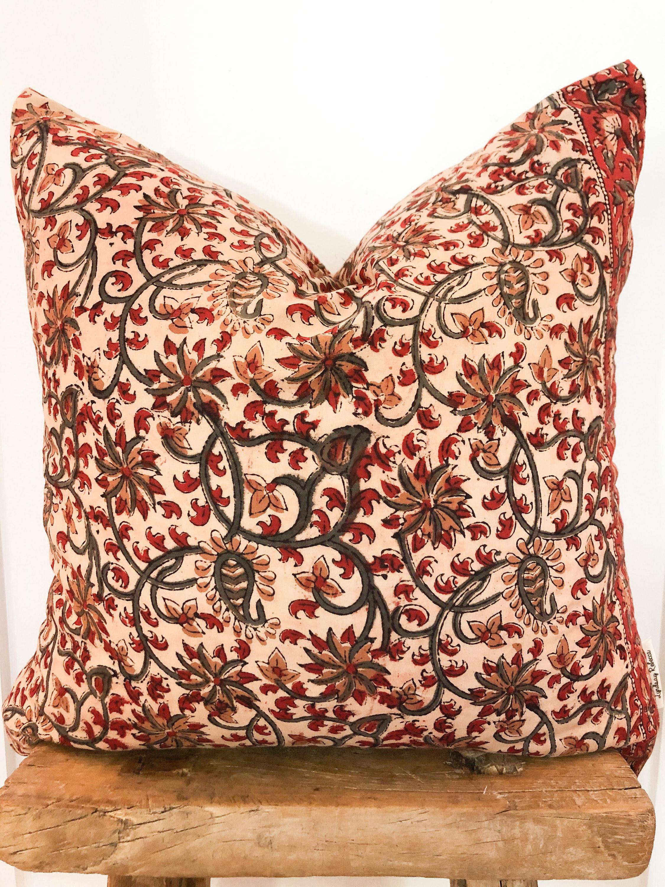 Rust and green floral block print pillow with red border Etsy