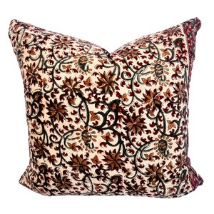 Adeline Rust and green floral block print pillow with rust border