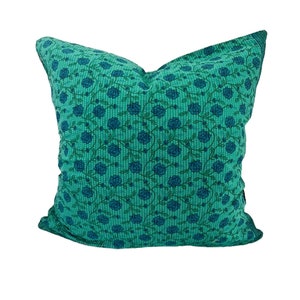 Green & Teal Floral Block Print Pillow