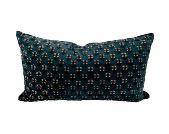 blue yellow and brown floral block print pillow