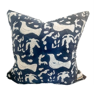 Indigo blue bird print pillow