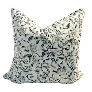 Light Blue Green floral block print pillow