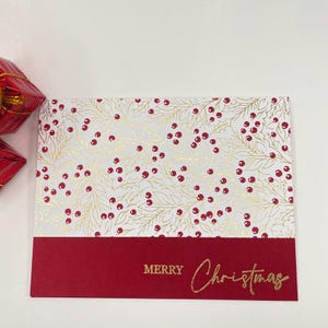 Red, White, and Gold Holly Leaves Merry Christmas Card, Shiny Christmas Card, Traditional Christmas Card, Gold Foil Merry Christmas Card