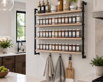 4 Shelf Hanging Spice Rack, Wall Mounted Spice Organizer, Wood & Metal Kitchen Storage