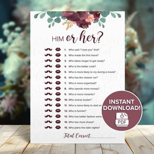 Bridal Shower Games Printable – Bride IQ & Him or Her, Vintage Bouquet (PDF Download) image 4