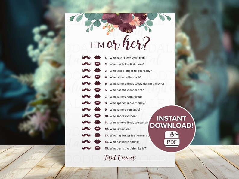 Bridal Shower Games Printable – Bride IQ & Him or Her, Vintage Bouquet (PDF Download) image 4