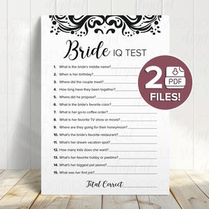 Juego imprimible para despedida de soltera: Test de coeficiente intelectual para la novia, diseño damasco (descarga en PDF) imagen 2